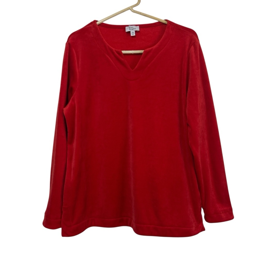 Kim Rogers Red Velour Long Sleeve V-Neck Pullover Top - Petite Medium